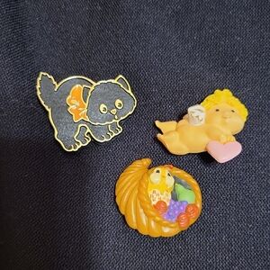 Vintage Set Of 3 Hallmark Pins Cupid, Cornacopia, & Cat